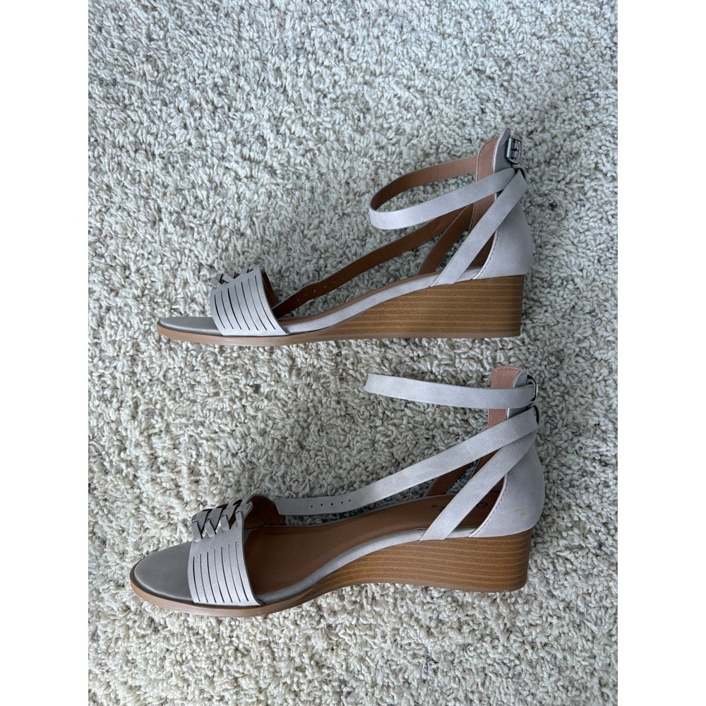 Qupid Wedge Sandals 9 Taupe LIAM-04 Distressed PU Ankle Strap Caged Toe - Picture 4 of 6